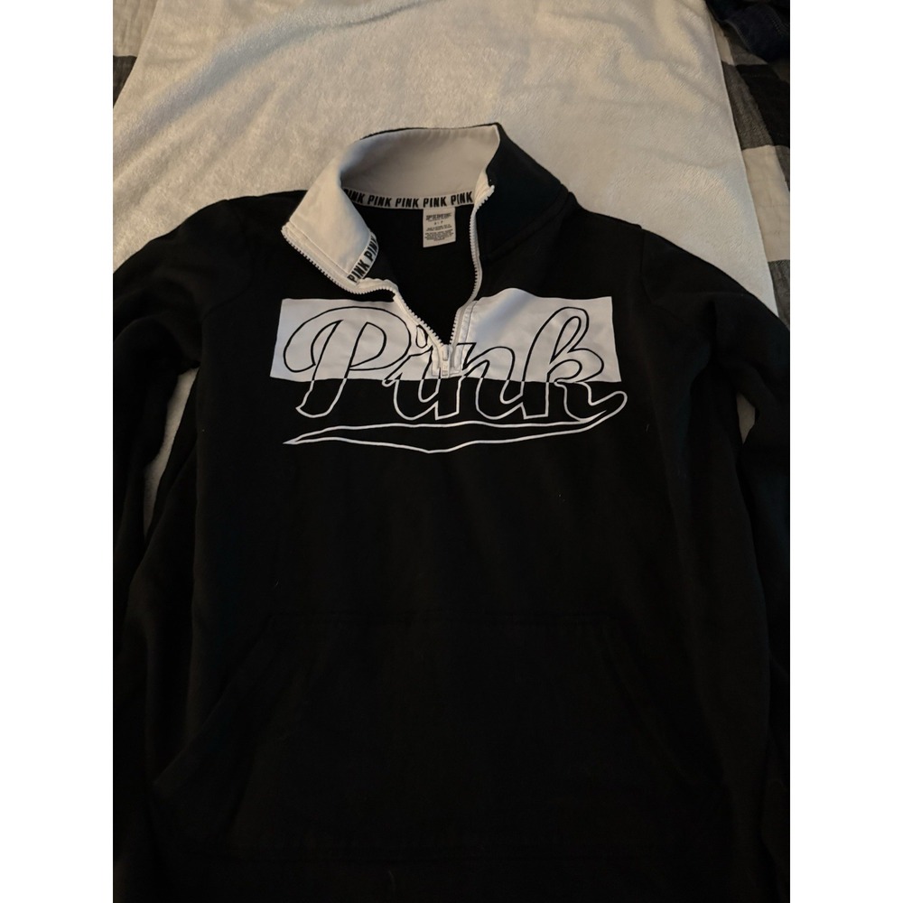 Victoria's Secret PINK 1/4 Zip‎ Pullover Black White Logo Sweatshirt Women's S